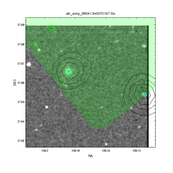 The image is the 2MASS K_s band data with three contours: X-ray (green); Radio, NVSS (black); and Radio, FIRST (cyan). The light-green shaded region shows the coverage of the ACIS-I0 chip, showing that the second radio source, to the East of the group, is right on the edge of the chip, and so may well not be detected. There is a fainter K_s band source (than the group galaxy) at this location; it just may be somewhat obscured by the contours for the radio data.